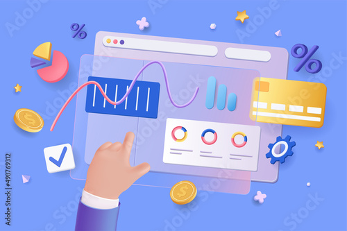 Financial report concept 3D illustration. Icon composition with dashboard with data charts, graphs, diagrams and credit card. Business analytics, accounting. Vector illustration for modern web design
