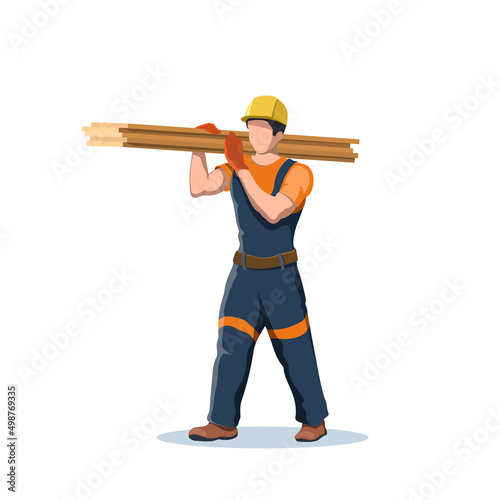 Isolated cartoon builder. Construction worker in overalls. Contractor carries boards. Workman in helmet. Industrial scene. Joiner at work