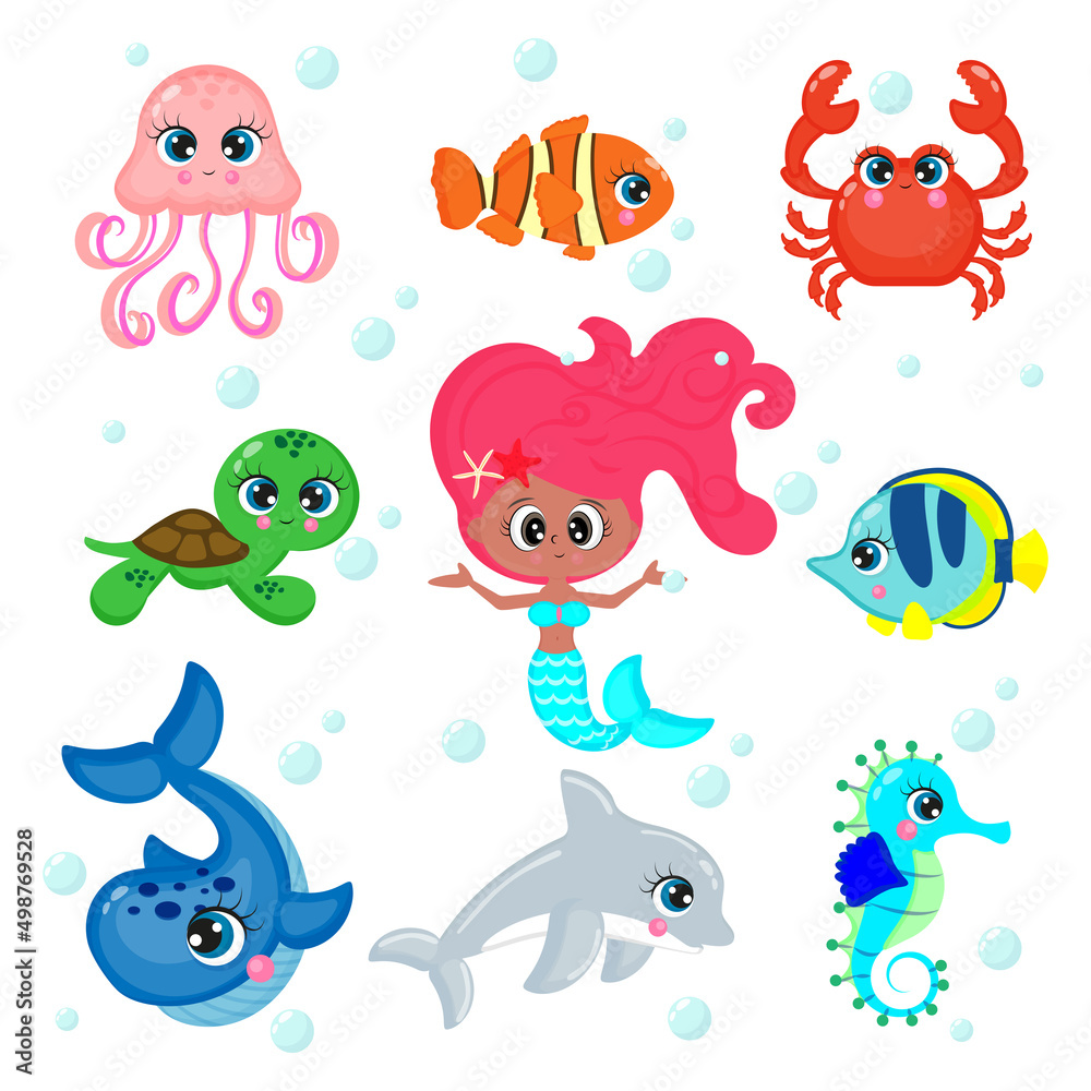 Underwater world set, Mermaid and Inhabitants of the sea world isolated on white background,cute, funny underwater creatures vector in flat style print