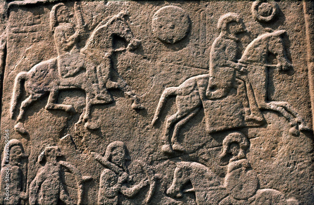 Celtic Pictish symbol stone slab detail in Aberlemno churchyard ...