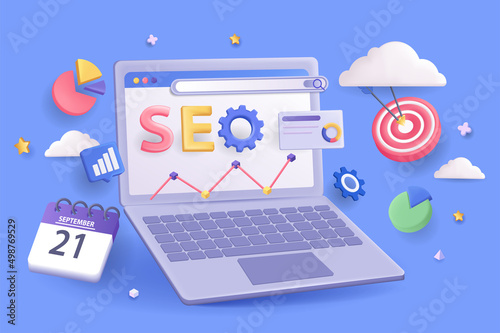 Seo optimization concept 3D illustration. Icon composition with data statistics at laptop screen, traffic increase, target, calendar, diagram and other. Vector illustration for modern web design