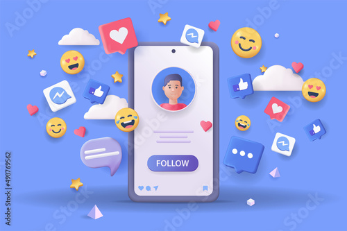 Social media platform concept 3D illustration. Icon composition with user account at mobile phone screen, messages, comments, likes, hearts, emoji and other. Vector illustration for modern web design