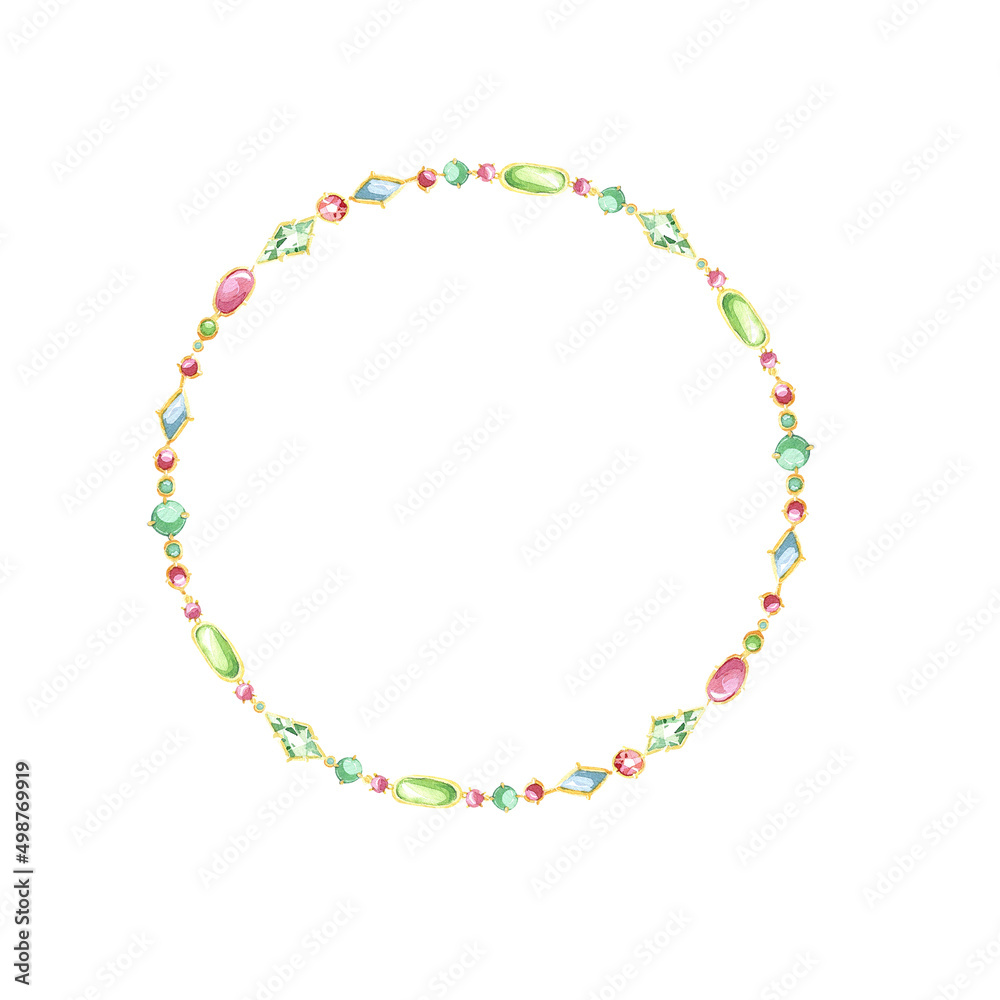 Multicolor chain with precious stones. Jewelry wreath. Watercolor illustration isolated on White Background.