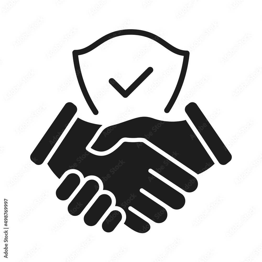 Handshake and shield icon. Business agreement with check mark and protect secure sign. World partnership symbol. Vector isolated on white.