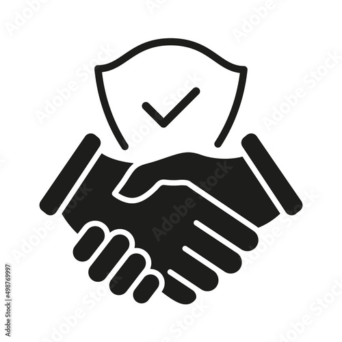 Handshake and shield icon. Business agreement with check mark and protect secure sign. World partnership symbol. Vector isolated on white.