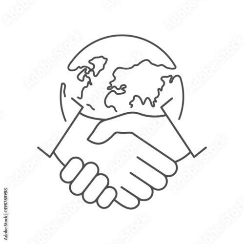 Handshake and Earth line icon. World partnership linear symbol. International agreement concept. Vector isolated on white.