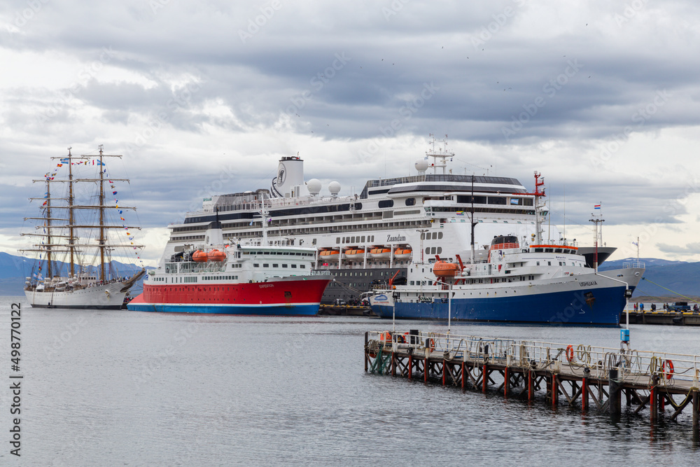 Cruise ship docked in the harbor of Ushuaia