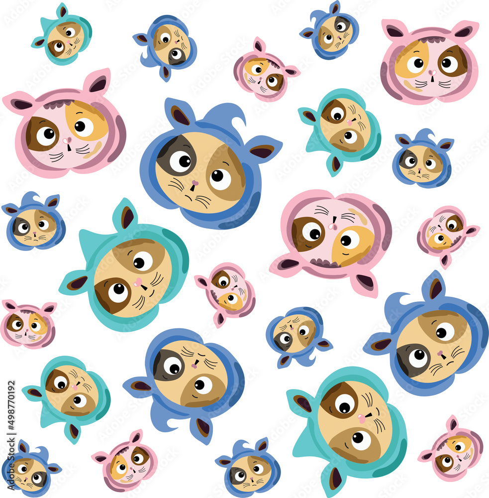 A pattern with cute cat faces in colorful hats. A pattern with cute cat faces in colorful hats.