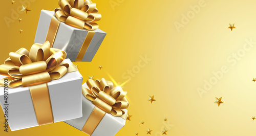 3d realsitic vector background. White gift boxes with golden ribbons and bows, presents banner adverticement flyer template. Yellow wall with stars and sparkles. 