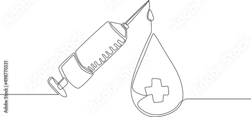 Single continuous line drawing a syringe and a drop of blood. World blood day.  One line draw graphic design vector illustration.