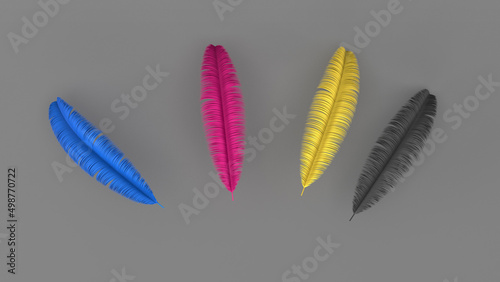 Set of colorful feathers with CMYK color on grey background, graphic design concept, 3D illustration (ID: 498770722)