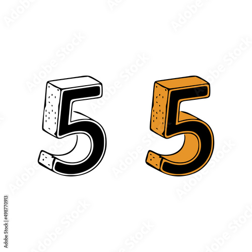 Isometric number 5 doodle vector illustration on white background. Number clip art.