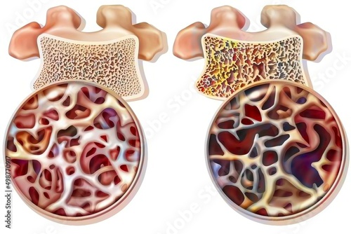 Healthy dorsal vertebrae with osteoporosis. (zooms on the spongy bone).
