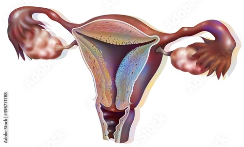 Anatomy of the female genitalia showing the ovaries the uterus. photo