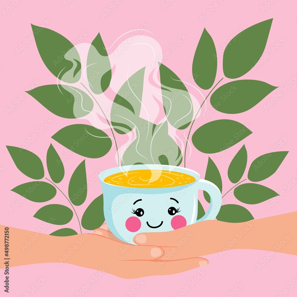 Cute cartoon Emoji cup with tea in female hands on a background of green plants. Human hands hold a cup of hot tea. Freshly brewed herbal drink. Vector illustration.