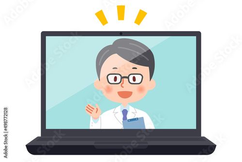ノートパソコンでのリモート診療画面　医師の男性のイラスト