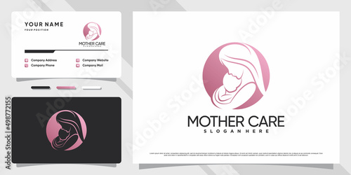 Mother and baby logo with negative space concept and business card design Premium Vector