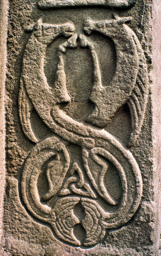 Panel on front of Celtic Pictish mediaeval Christian cross slab, Aberlemno churchyard, Tayside. Scotland. Seahorse motif