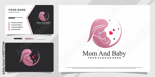 Mom and baby logo with creative element and business card design Premium Vector