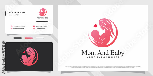 Mom and baby logo with creative element and business card design Premium Vector