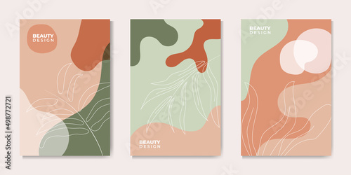 Botanical wall art background vector set.Earth tone natural colors foliage line art boho plants drawing with abstract shape. Mid century modern design for prints, poster, cover and wallpaper.