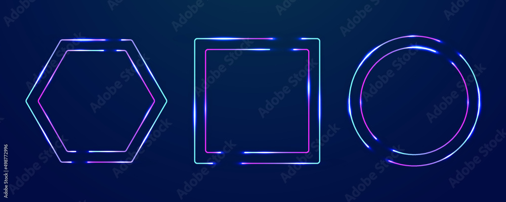 Hexagon, square, circle noen frames set. Vector empty borders tor text. Illuminated glowing neon frame night club signs. Thin shining line borders, led flare text boxes. Cyber style design Hexagon, square, circle noen frames set. Vector empty borders tor text. Illuminated glowing neon frame night club signs. Thin shining line borders, led flare text boxes. Cyber style design