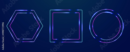 Hexagon, square, circle noen frames set. Vector empty borders tor text. Illuminated glowing neon frame night club signs. Thin shining line borders, led flare text boxes. Cyber style design
