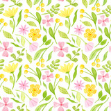 Watercolor floral seamless pattern. Hand painted spring flowers background isolated on white. Cute botanical motifs for textile, printing. Summer meadow repeated design