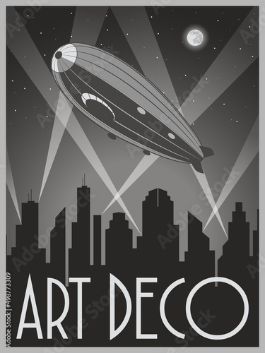 Art Deco Streamline Style Cityscape Poster. 1920s Retro Zeppelin Illustration