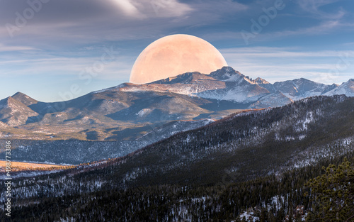 Full blood moon rising on Rocky Mountains National Park photo