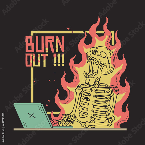 Retro illustration of burnout skeleton