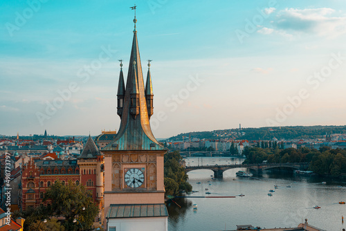 Vltava river with Old Town Water Tower from the Charles Bridge's tower