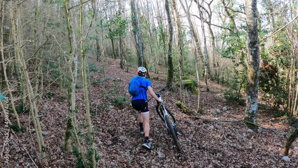 Cyclistes perdus dans une forêt, courant à côté du vélo dans le sous-bois. Première personne qui tombe de son vélo.