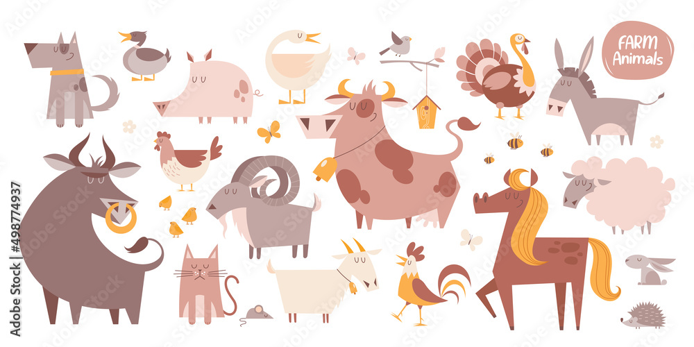 Big cartoon set of funny farm animals and birds.