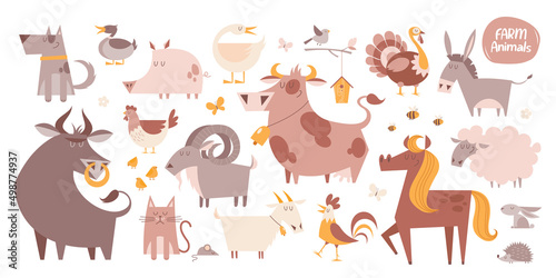 Big cartoon set of funny farm animals and birds. © olgagrig
