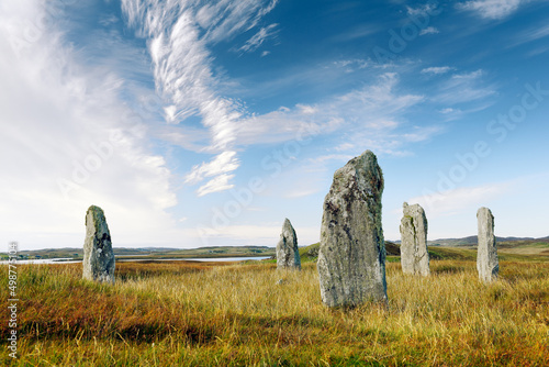 Ceann Hulavig prehistoric Neolithic stone circle aka Callanish IV at Garynahine, Calanais Callanish, Isle of Lewis, Scotland. Looking N.W.