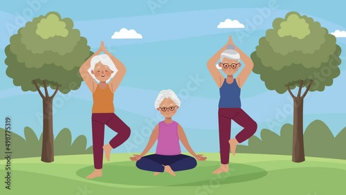 old women practicing yoga animation photo