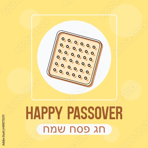 Happy Passover greeting card concept with outline matzah icon on a yellow background. Vector Illustration. Translation: Happy Passover