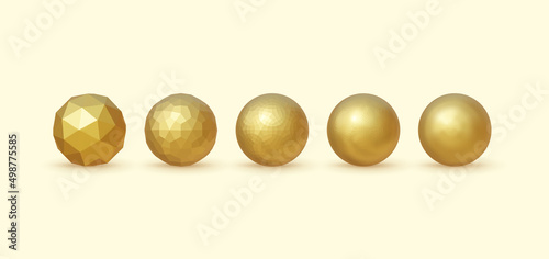 Set of 3d and balls with a shadow. Realistic spheres. Polygonal ball golden color. Realistic vector Illustration. Isolated on white background.