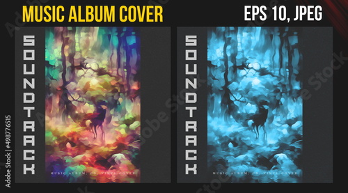 Music Album Cover for the Web Presentation. Gaming fantasy celtic forest.  Colorful Background. Vinyl and CD DVD cover artwork. Square posters, book, flyers, banners, leaflets.  Digital art template 