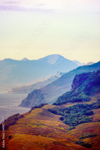 South from Rigg on the Trotternish peninsula to mountain of Glamaig in the Cuillin Mountains, Skye