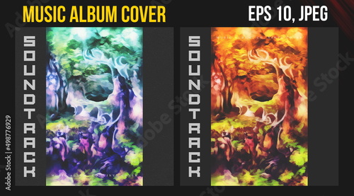 Music Album Cover for the Web Presentation. Gaming fantasy celtic forest.  Colorful Background. Vinyl and CD DVD cover artwork. Square posters, book, flyers, banners, leaflets.  Digital art template 