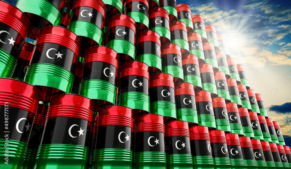 Oil barrels with flag of Libya - 3D illustration