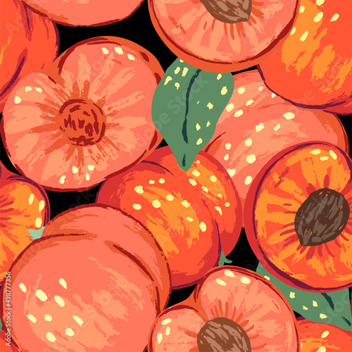 Seamless pattern of peaches in modern style. Vector illustration of fresh tasty fruits with leaves. Bright contemporary ornament. Design for decor, wallpaper, background, textile.