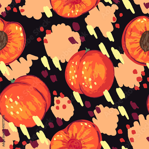 Seamless pattern of peaches in modern style. Vector illustration of fresh tasty fruits. Bright contemporary ornament. Design for decor, wallpaper, background, textile.