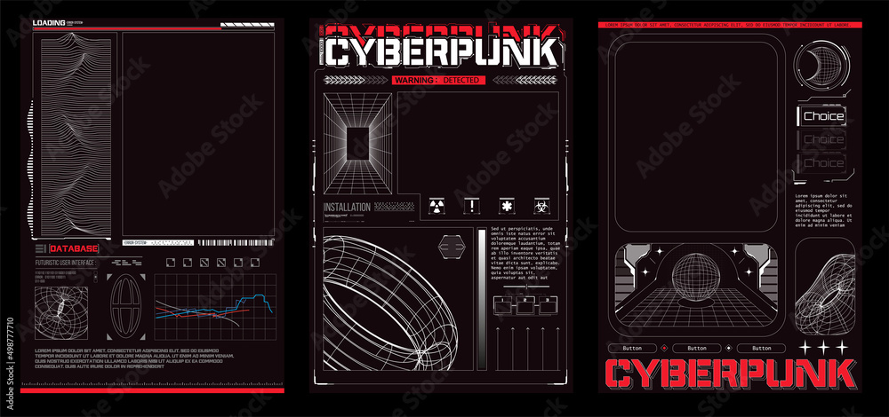 Cyberpunk retro futuristic posters abstract cosmic shapes. Collection of modern abstract posters in acid style. Digital design elements hud style. Trendy 2022 shapes in cyberpunk style. Black and Red - obrazy, fototapety, plakaty 