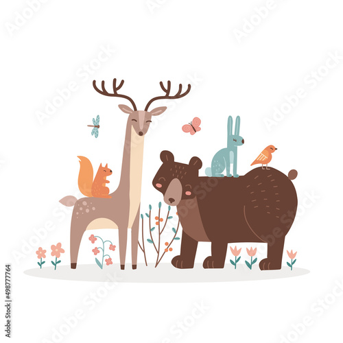 Animals of the forest together. Bear, deer, rabbit, squirrel and birds - wild friends of the green forest. Colorful hand drawn childish style vector cartoon illustration for children.