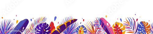Tropical summer leaves seamless border vector background. Horizontal banner, abstract pattern illustration with jungle exotic leaf, bright color drops in simple flat minimal line modern style
