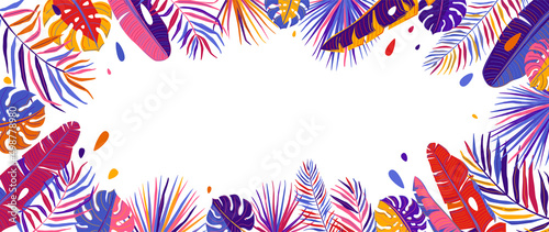 Tropical leaves vector background. Summer horizontal banner, abstract illustration with jungle exotic leaf, bright color drops in simple flat minimal line modern style. Copy space at the center