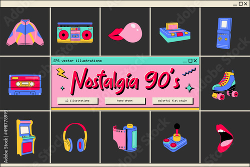 Classic 80s 90s elements in modern style flat, line style. Hand drawn vector illustration: jacket, cube, lips, headphones, roller skate, cassette, recorder, camera roll. Fashion patch, badge, emblem.